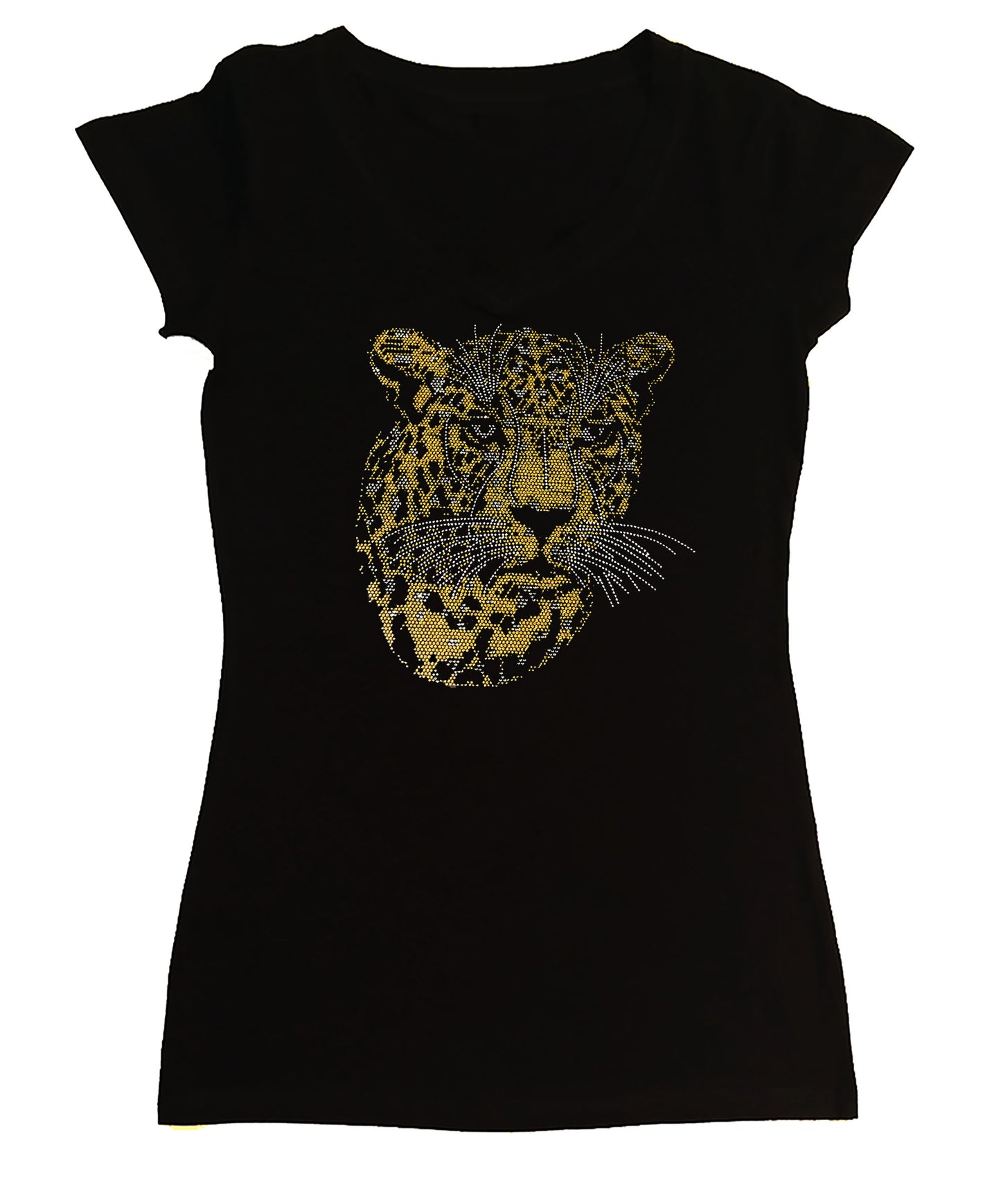 Women's Rhinestone Fitted Tight Snug Shirt Gold Leopard Face