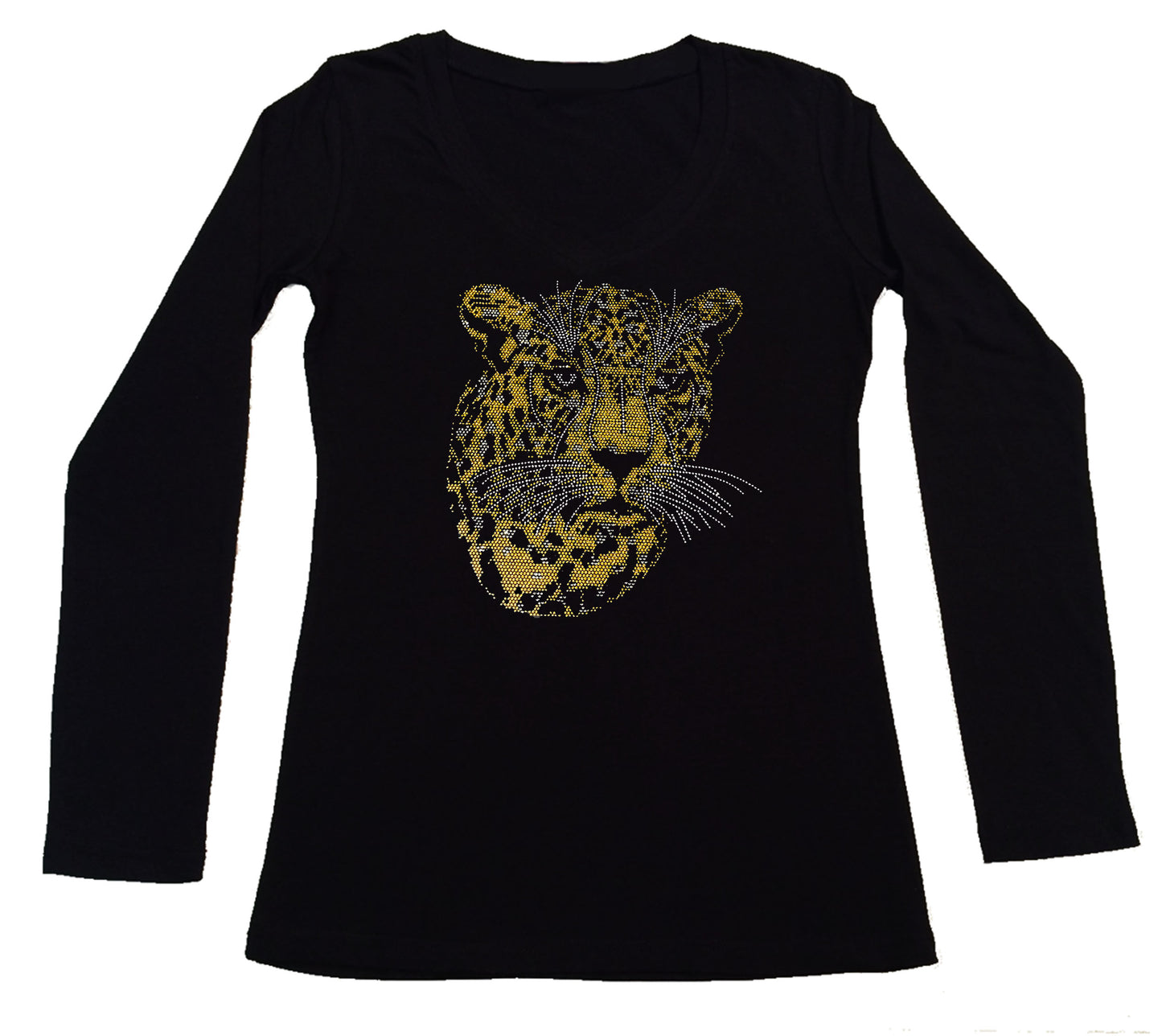 Women's Rhinestone Fitted Tight Snug Shirt Gold Leopard Face