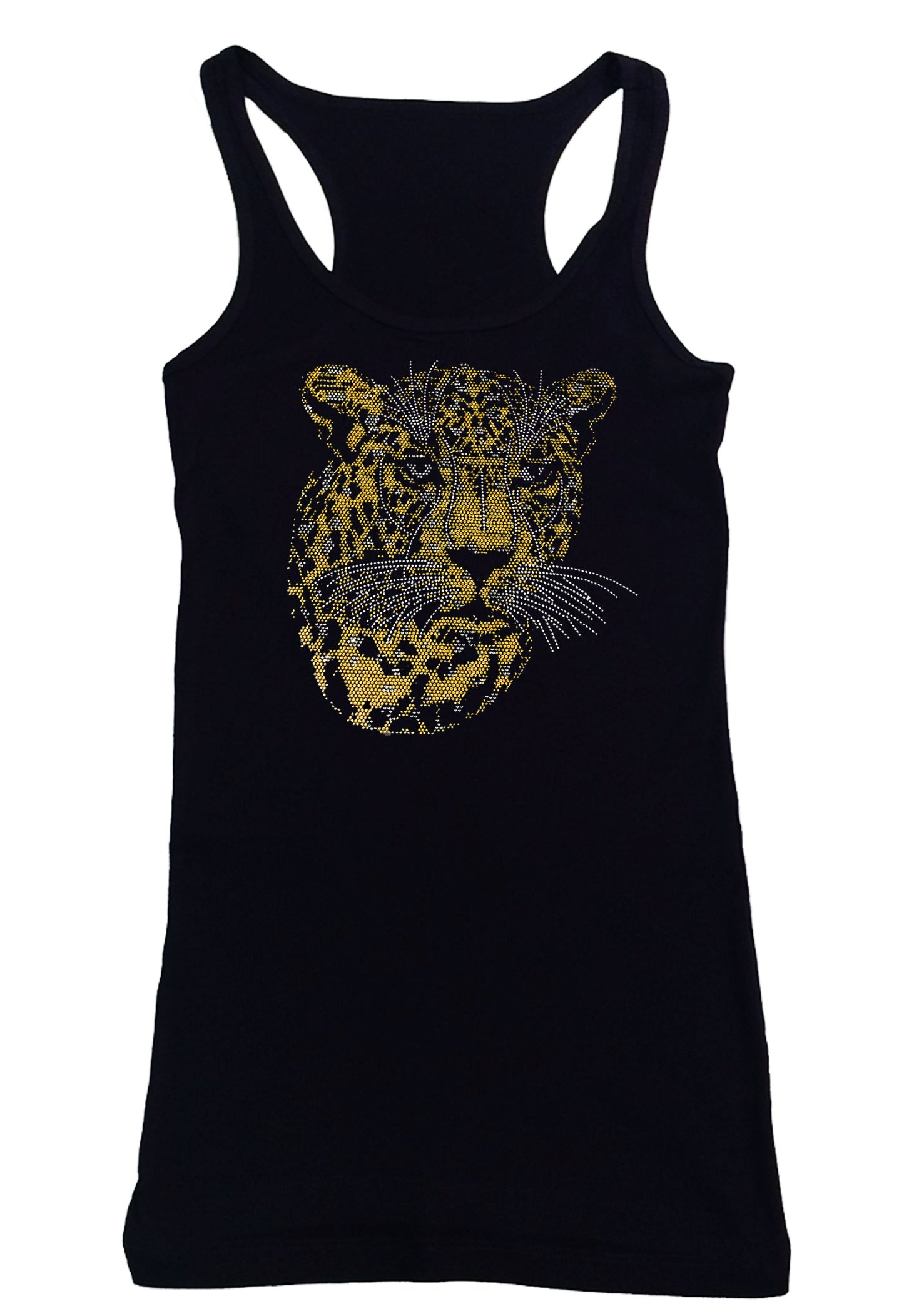 Women's Rhinestone Fitted Tight Snug Shirt Gold Leopard Face