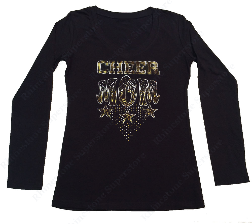 Womens T-shirt with Gold Cheer Mom with Stars in Rhinestones