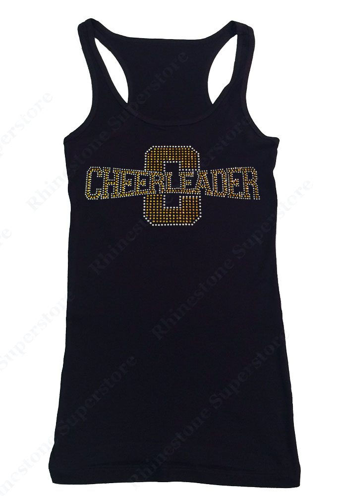 Womens T-shirt with Gold Cheerleader in Rhinestones