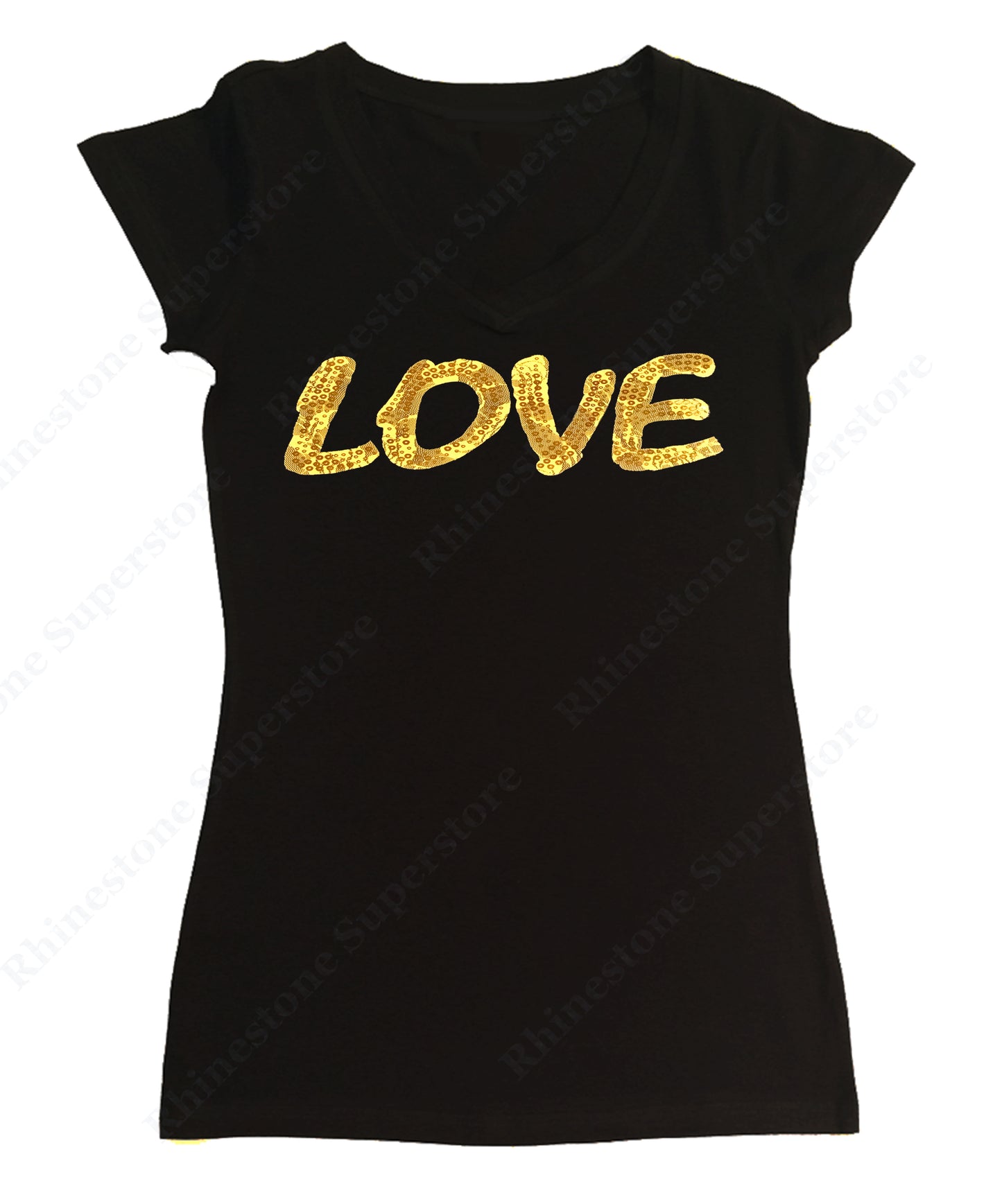 Womens T-shirt with Gold Love in Lace and Spangles