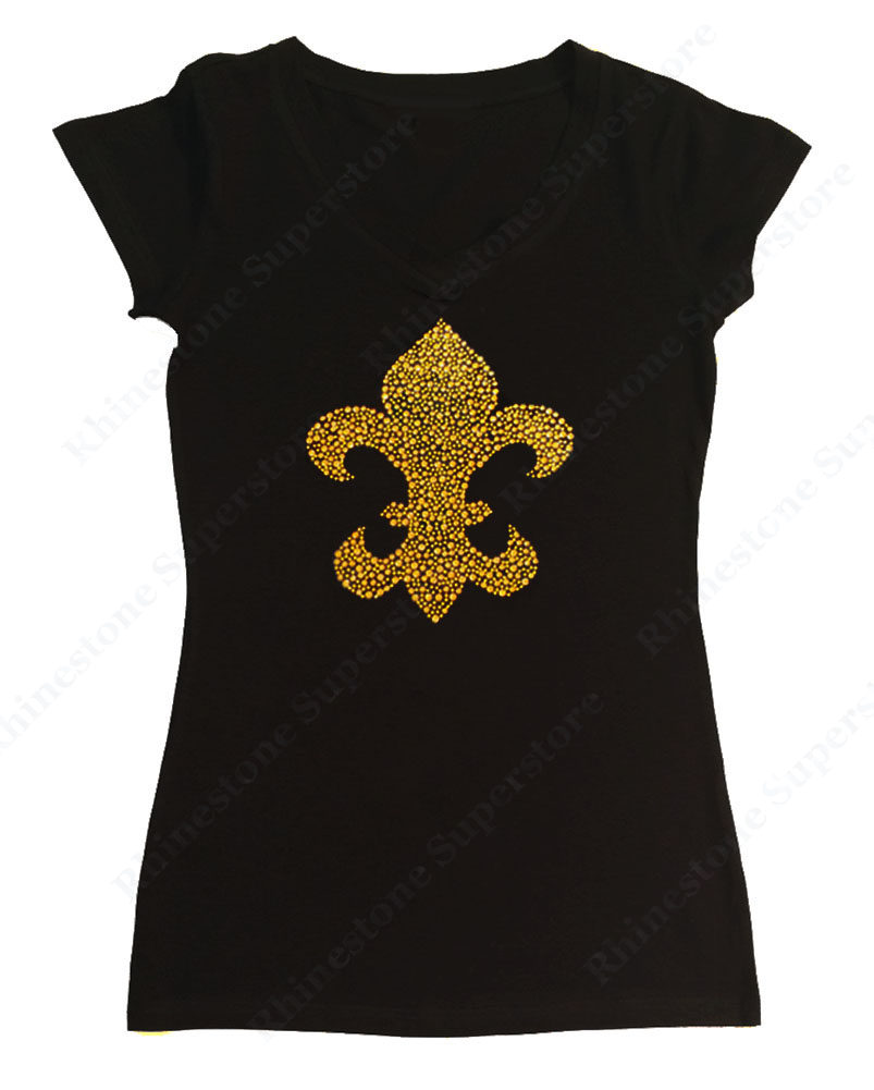 Womens T-shirt with Gold Fleur De Lis in Rhinestuds