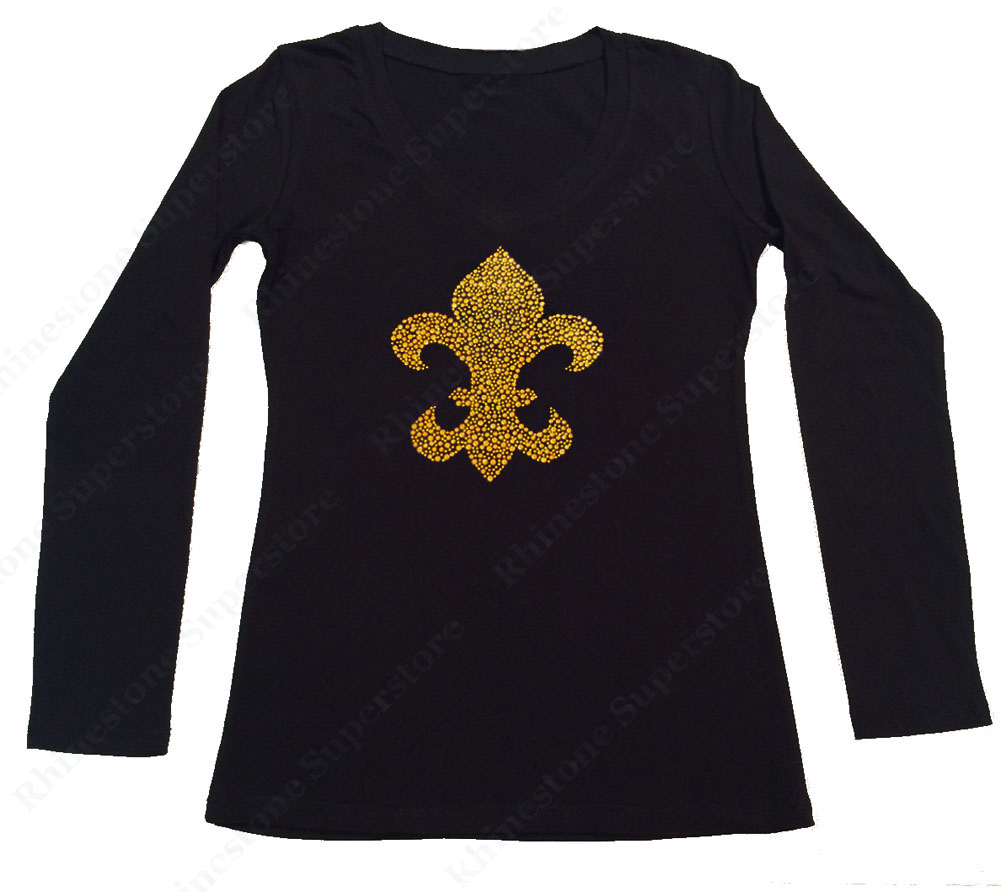 Womens T-shirt with Gold Fleur De Lis in Rhinestuds