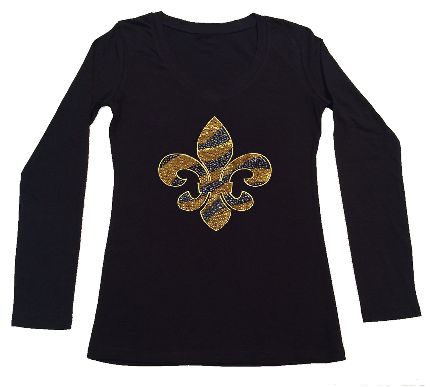 Womens T-shirt with Gold Sequins and Rhinestones Fleur de Lis
