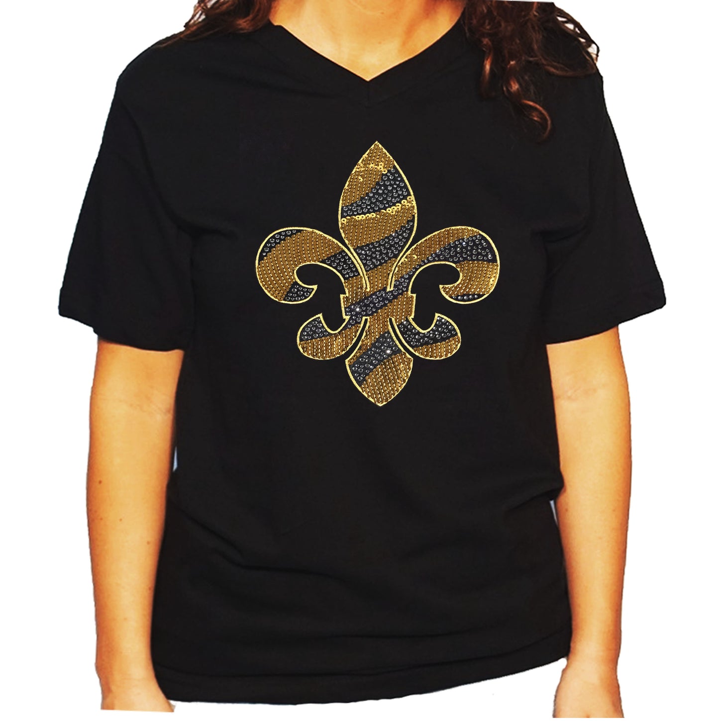 Women's / Unisex T-Shirt with Gold Sequins and Rhinestones Fleur de Lis