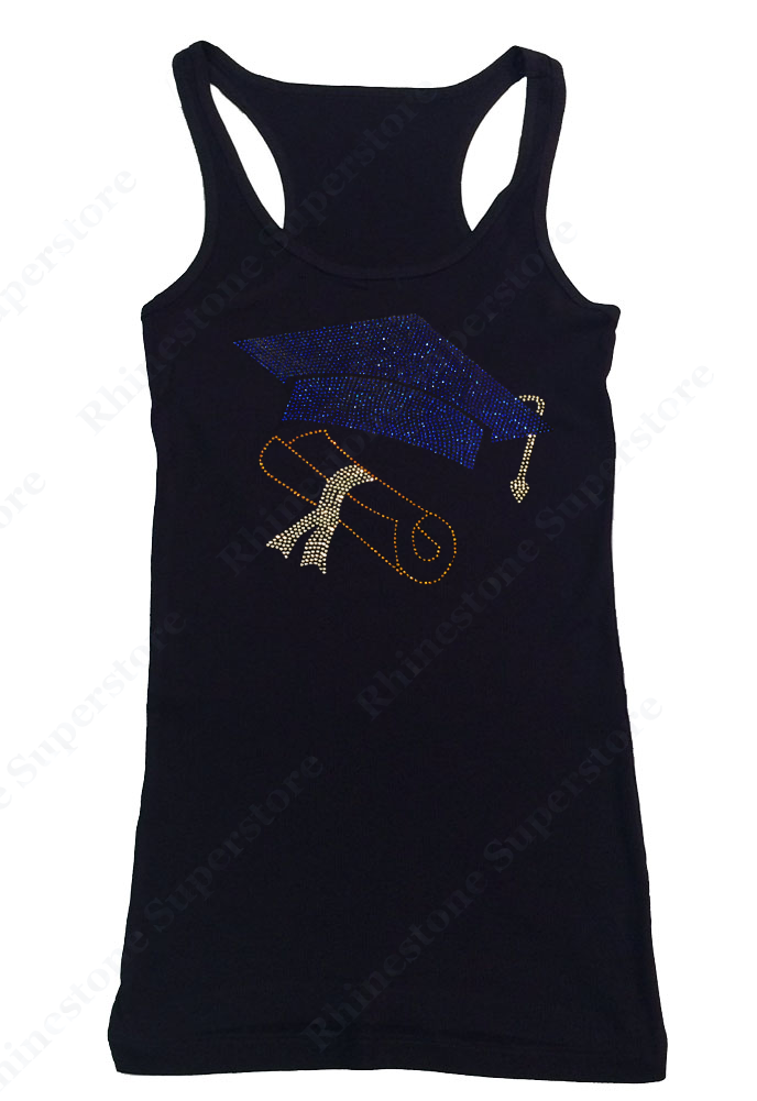 Womens T-shirt with Graduation Cap and Diploma in Rhinestones