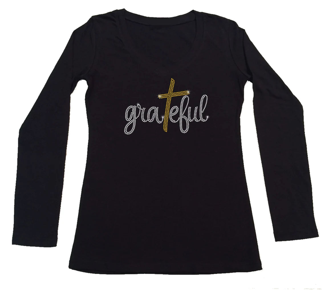 Women's Rhinestone Fitted Tight Snug Grateful with Cross in Script - Rhinestone Church shirt