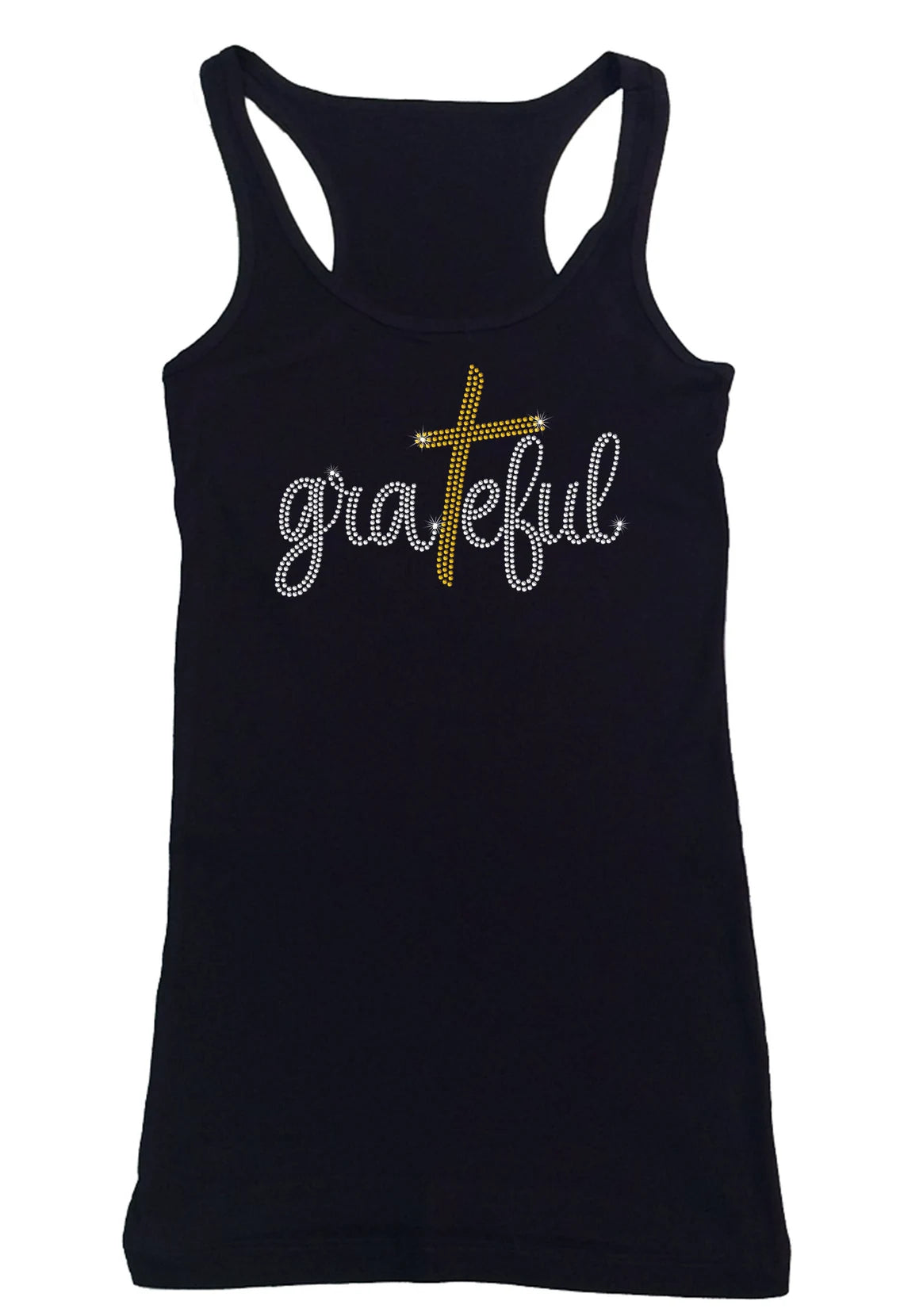 Women's Rhinestone Fitted Tight Snug Grateful with Cross in Script - Rhinestone Church shirt