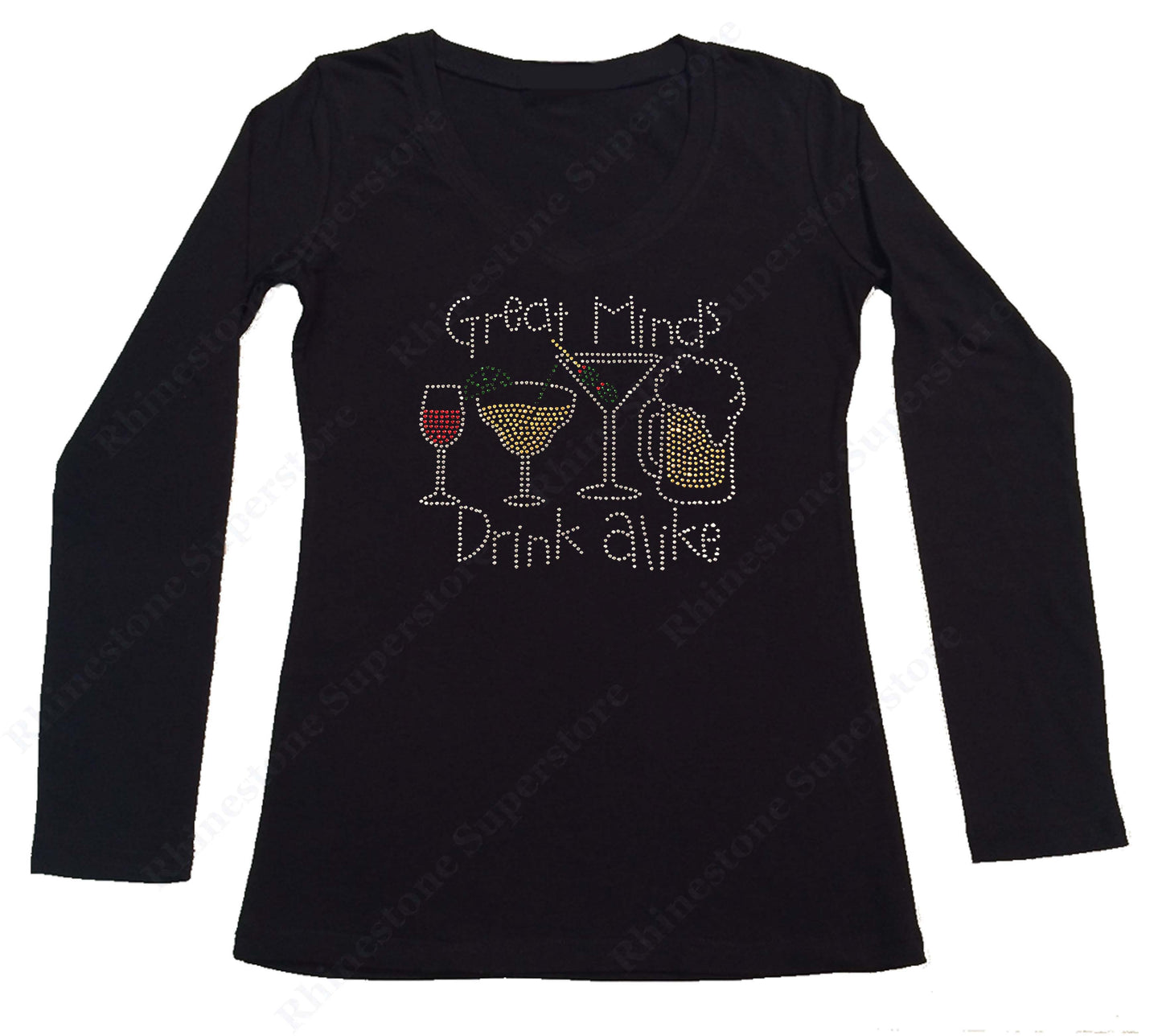 Womens T-shirt with Great Minds Drink Alike in Rhinestones
