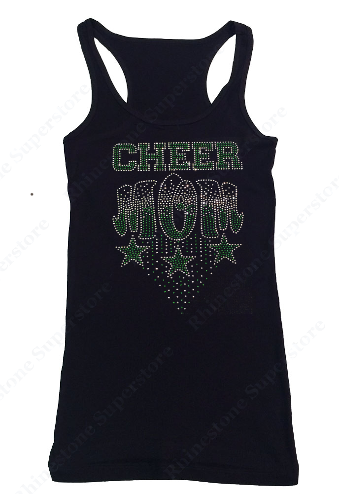 Womens T-shirt with Green Cheer Mom with Stars in Rhinestones