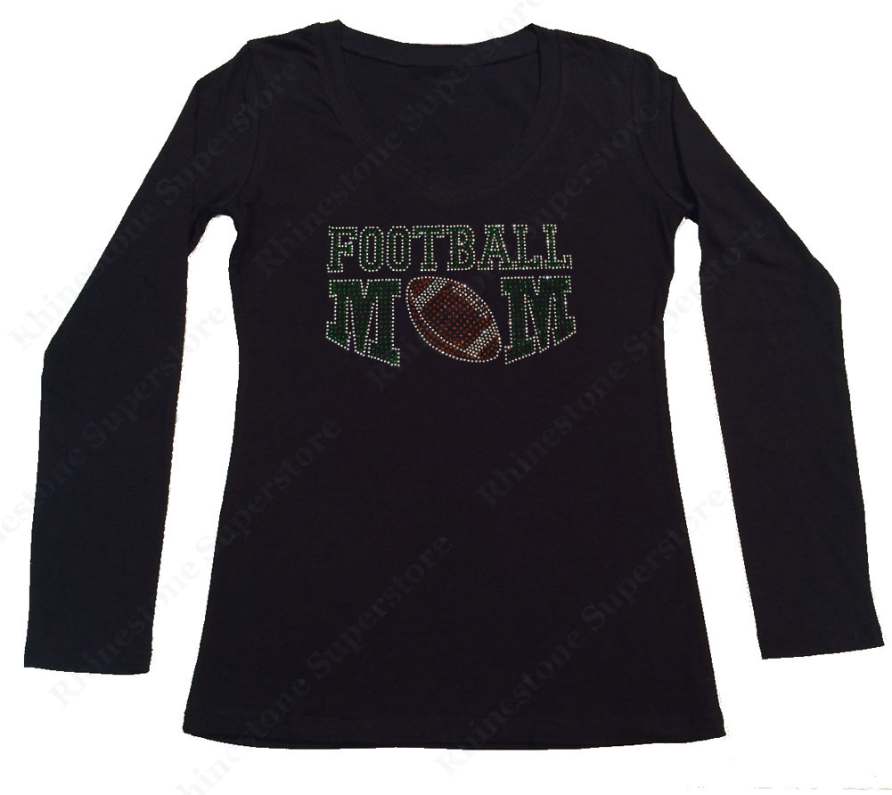 Womens T-shirt with Green Football Mom in Rhinestones