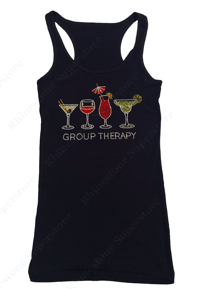 Womens T-shirt with Group Therapy Drinks in Rhinestones