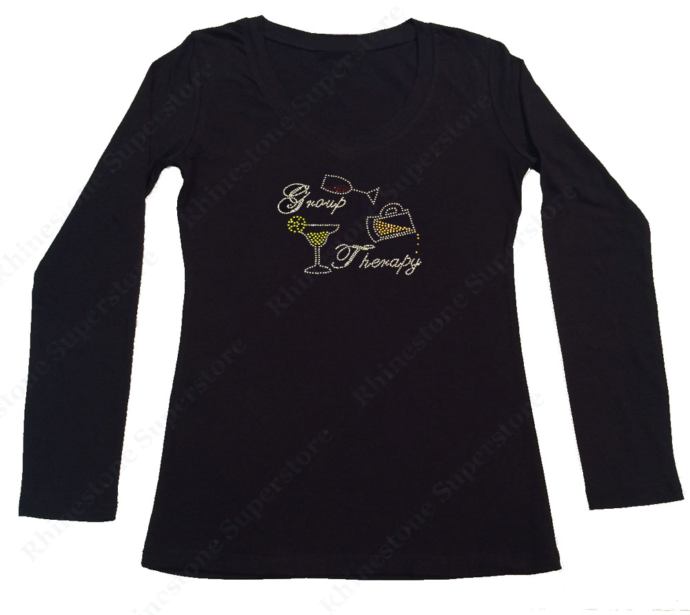 Womens T-shirt with Group Therapy with Wine Beer Drink in Rhinestones