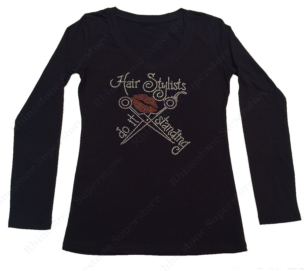 Womens T-shirt with Hair Stylists Do It Standing in Rhinestones