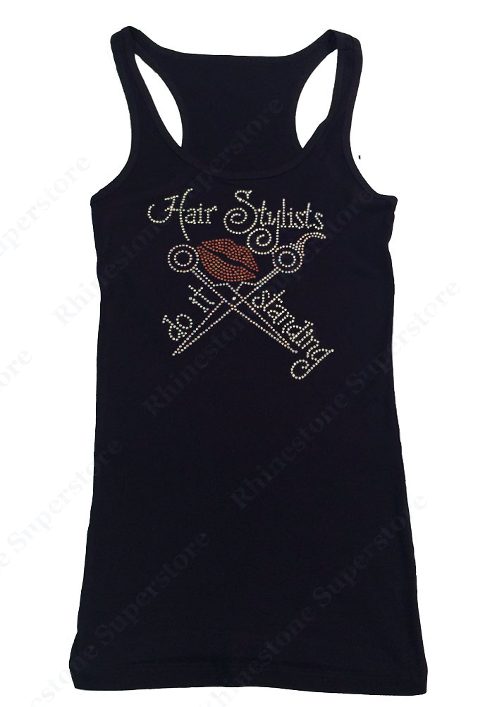 Womens T-shirt with Hair Stylists Do It Standing in Rhinestones