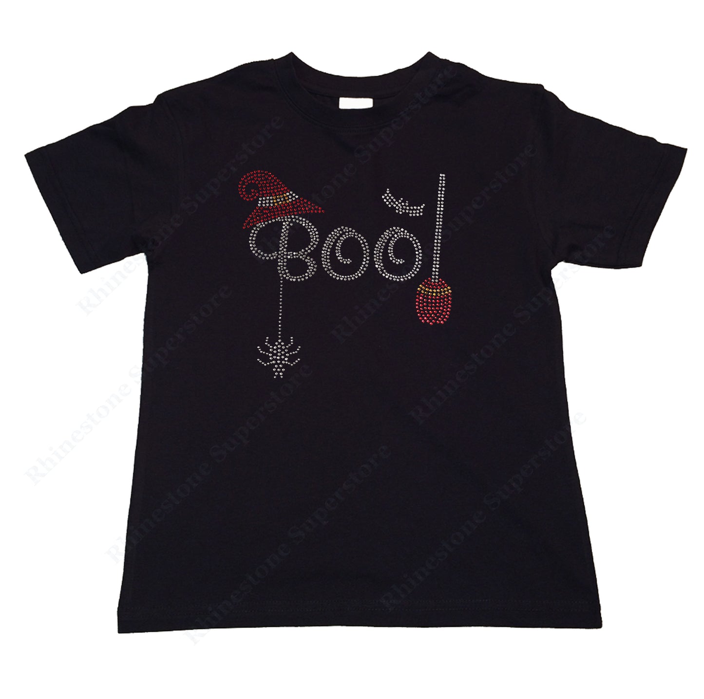 Girls Rhinestone T-Shirt " Halloween Boo with Broom " Kids Size 3 to 14 Available