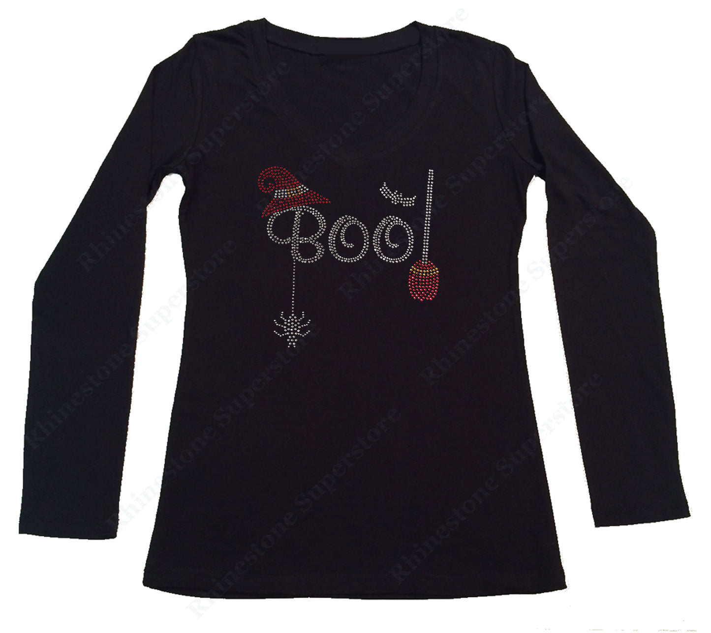 Womens T-shirt with Halloween Boo with Broom in Rhinestones