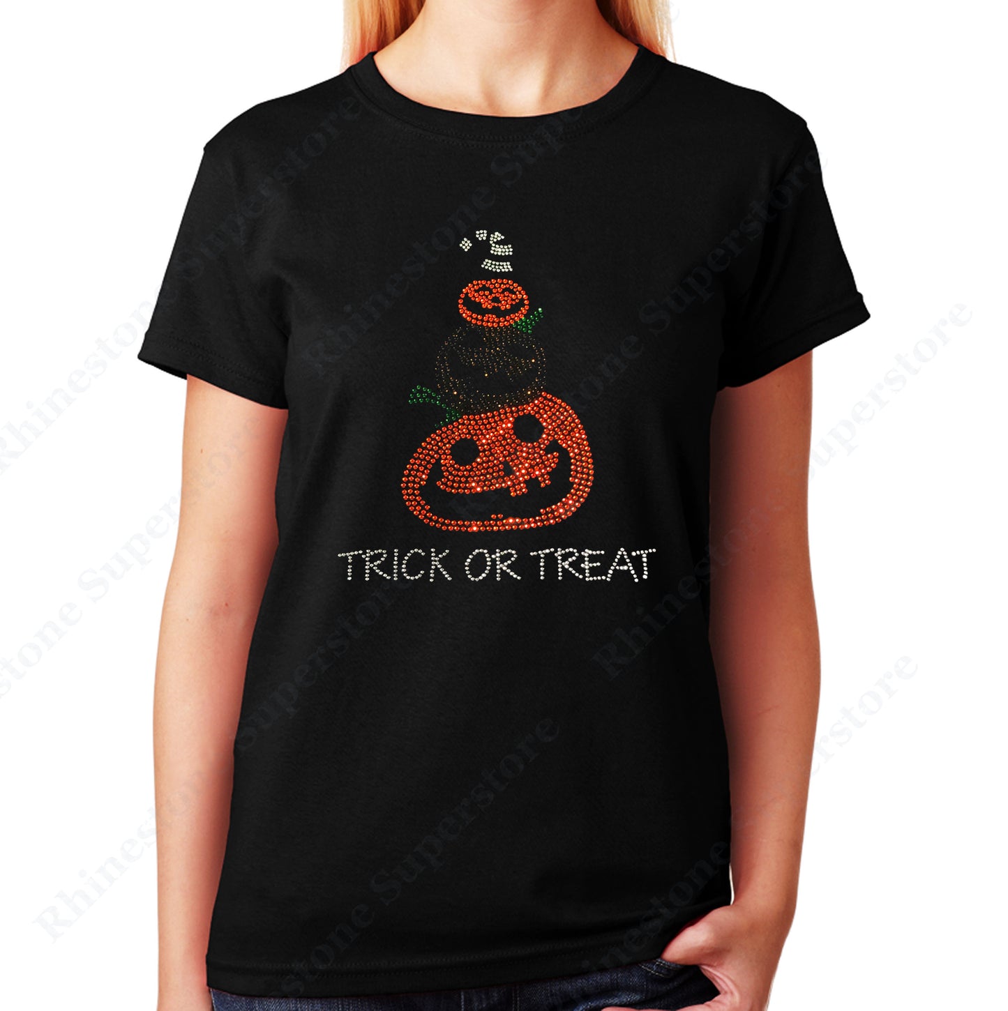 Women's / Unisex T-Shirt with Halloween Pumpkins with Trick or Treat in Rhinestones