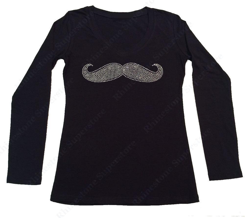 Womens T-shirt with Handlebar Mustache in Rhinestones