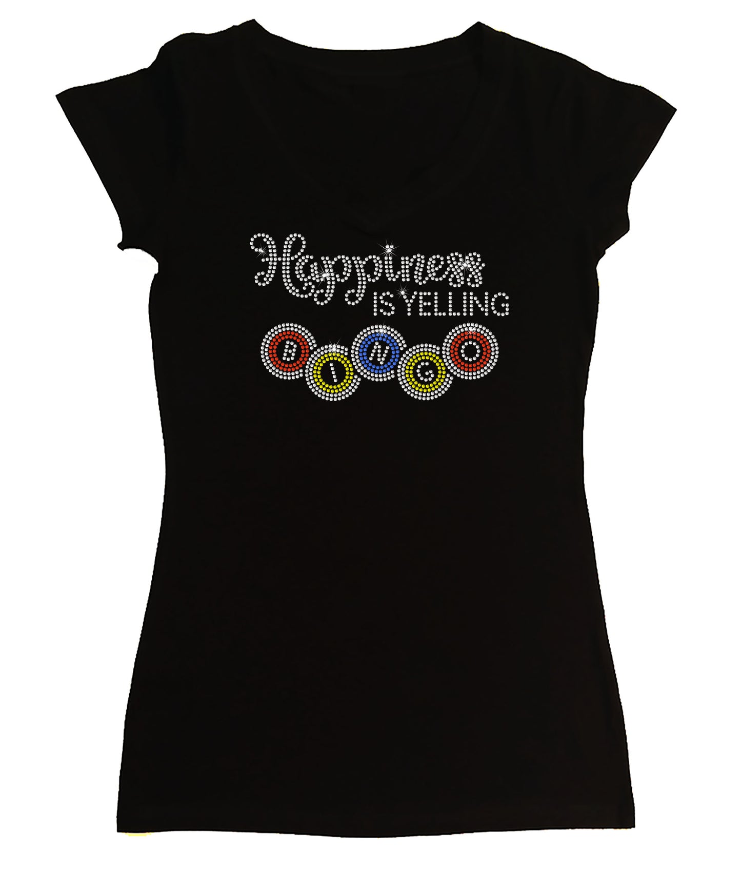 Women's Rhinestone Fitted Tight Snug Shirt Happiness is Yelling Bingo - Bingo Shirt, Bing Night