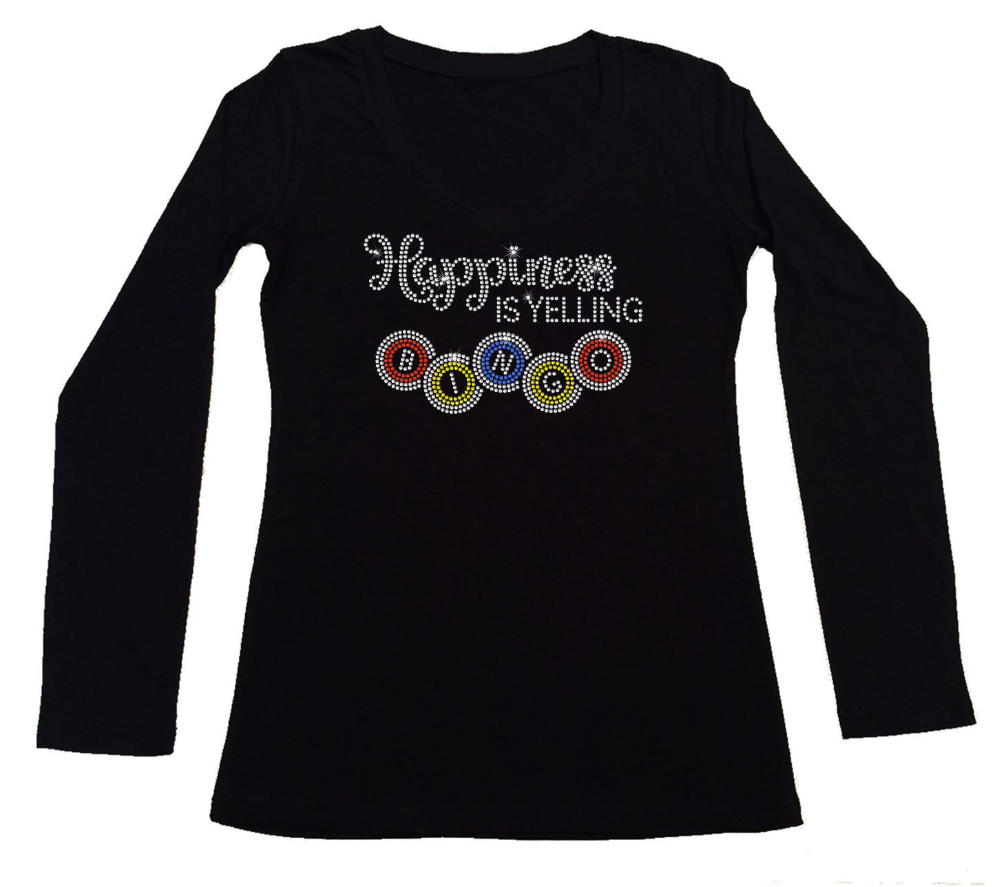 Women's Rhinestone Fitted Tight Snug Shirt Happiness is Yelling Bingo - Bingo Shirt, Bing Night