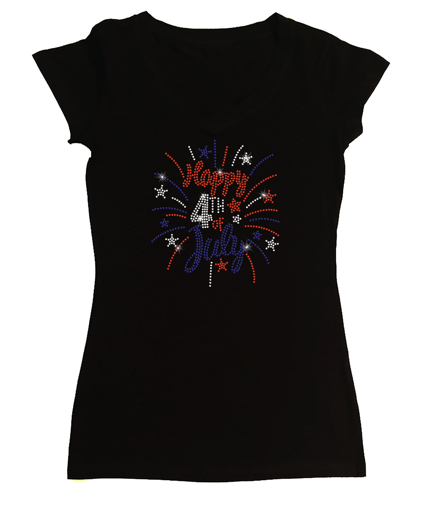 Women's Rhinestone Fitted Tight Snug Happy 4th of July - Firework Burst in Red, White & Blue, Patriotic Shirt, 4th of July Shirt