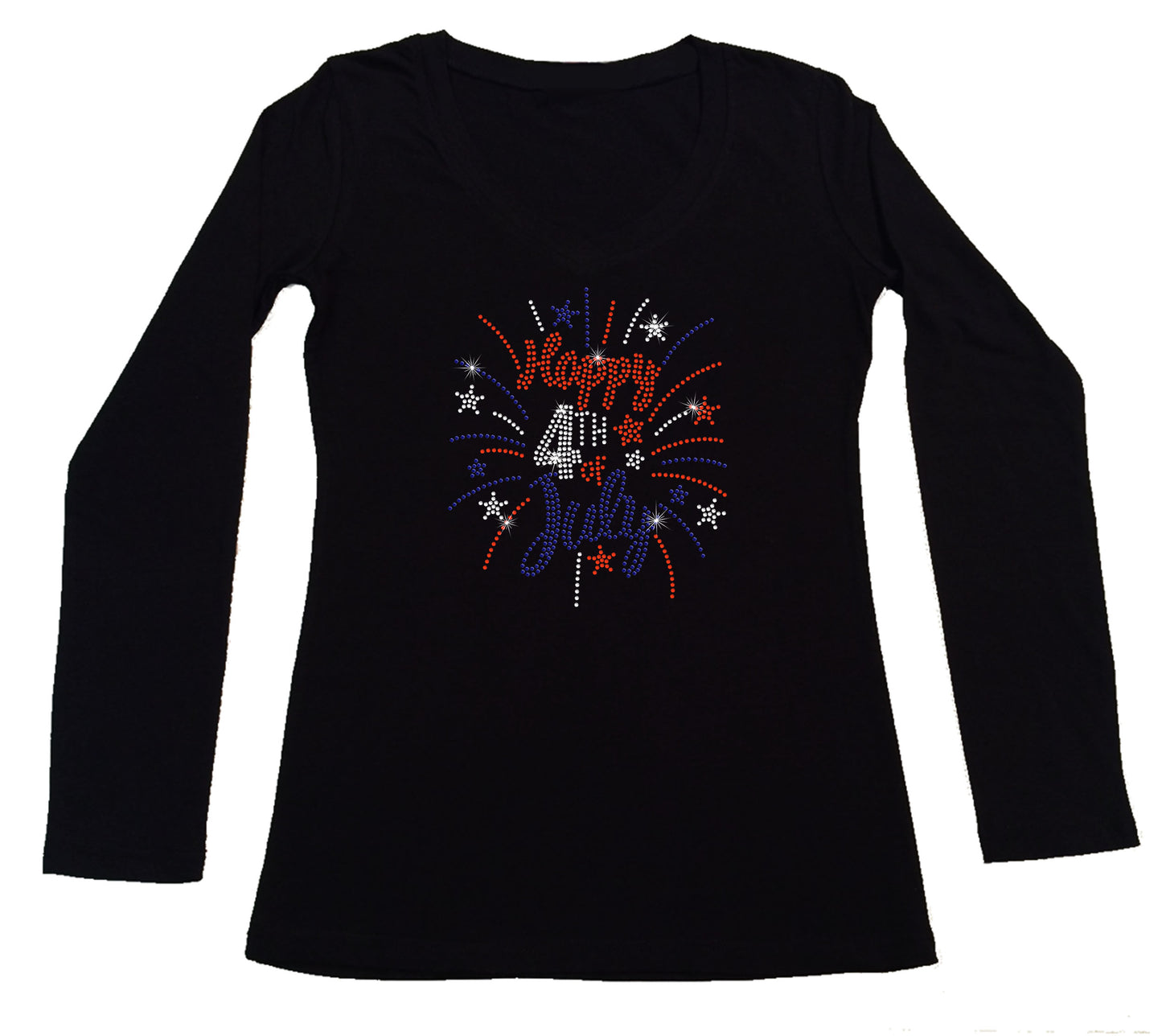 Women's Rhinestone Fitted Tight Snug Happy 4th of July - Firework Burst in Red, White & Blue, Patriotic Shirt, 4th of July Shirt