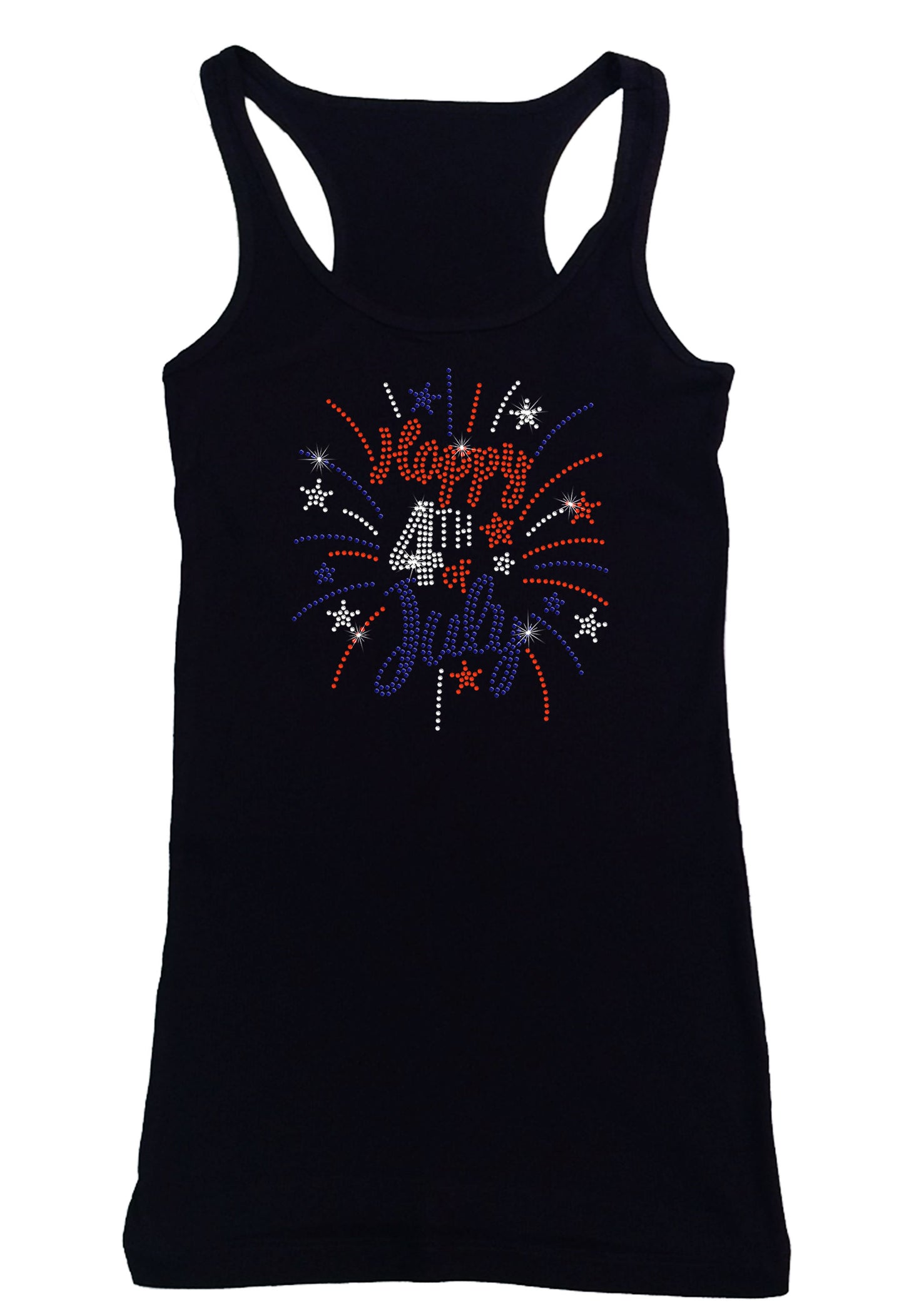 Women's Rhinestone Fitted Tight Snug Happy 4th of July - Firework Burst in Red, White & Blue, Patriotic Shirt, 4th of July Shirt