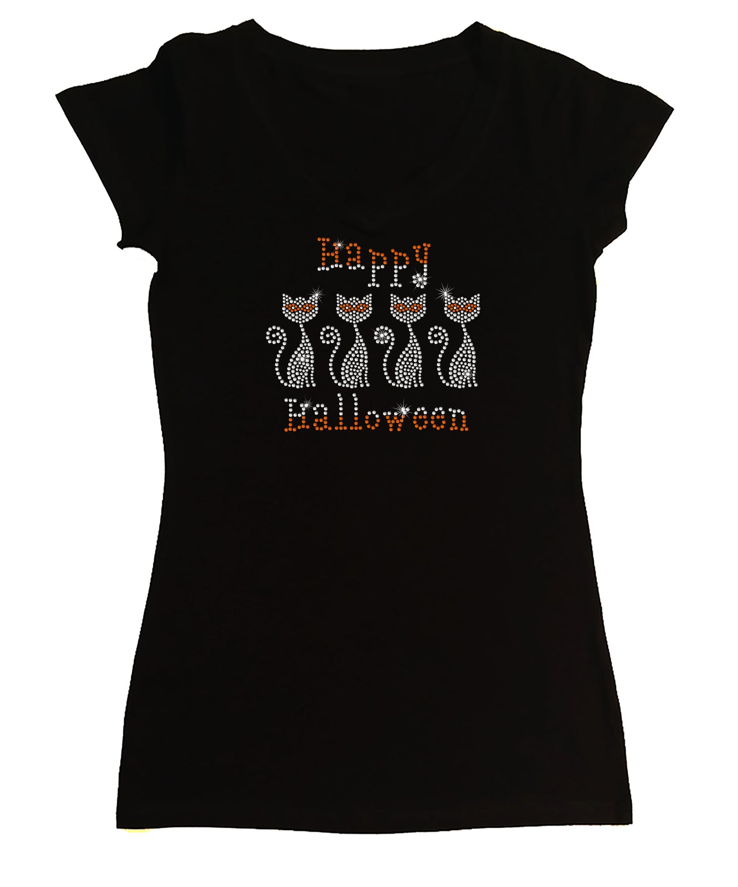 Women's Rhinestone Fitted Tight Snug Shirt Happy Halloween Cats with Masks - Halloween Shirt