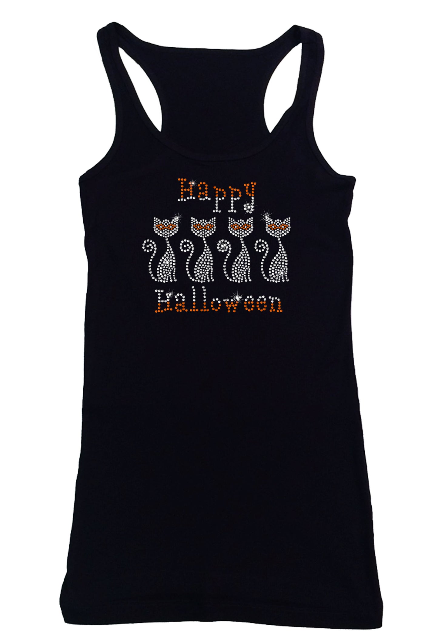 Women's Rhinestone Fitted Tight Snug Shirt Happy Halloween Cats with Masks - Halloween Shirt