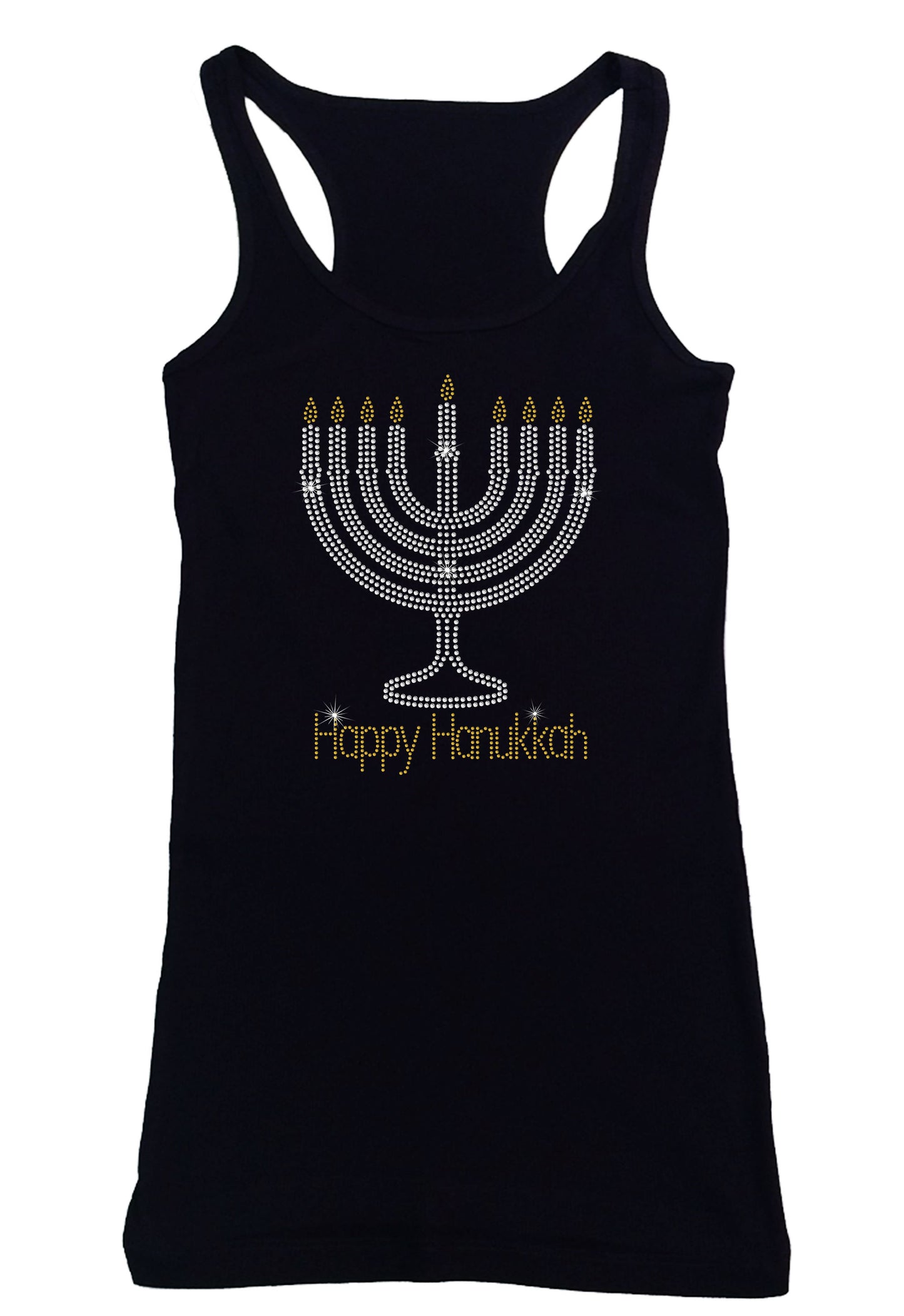 Women's Rhinestone Fitted Tight Snug Shirt Happy Hanukkah with Menorah - Holiday Shirt