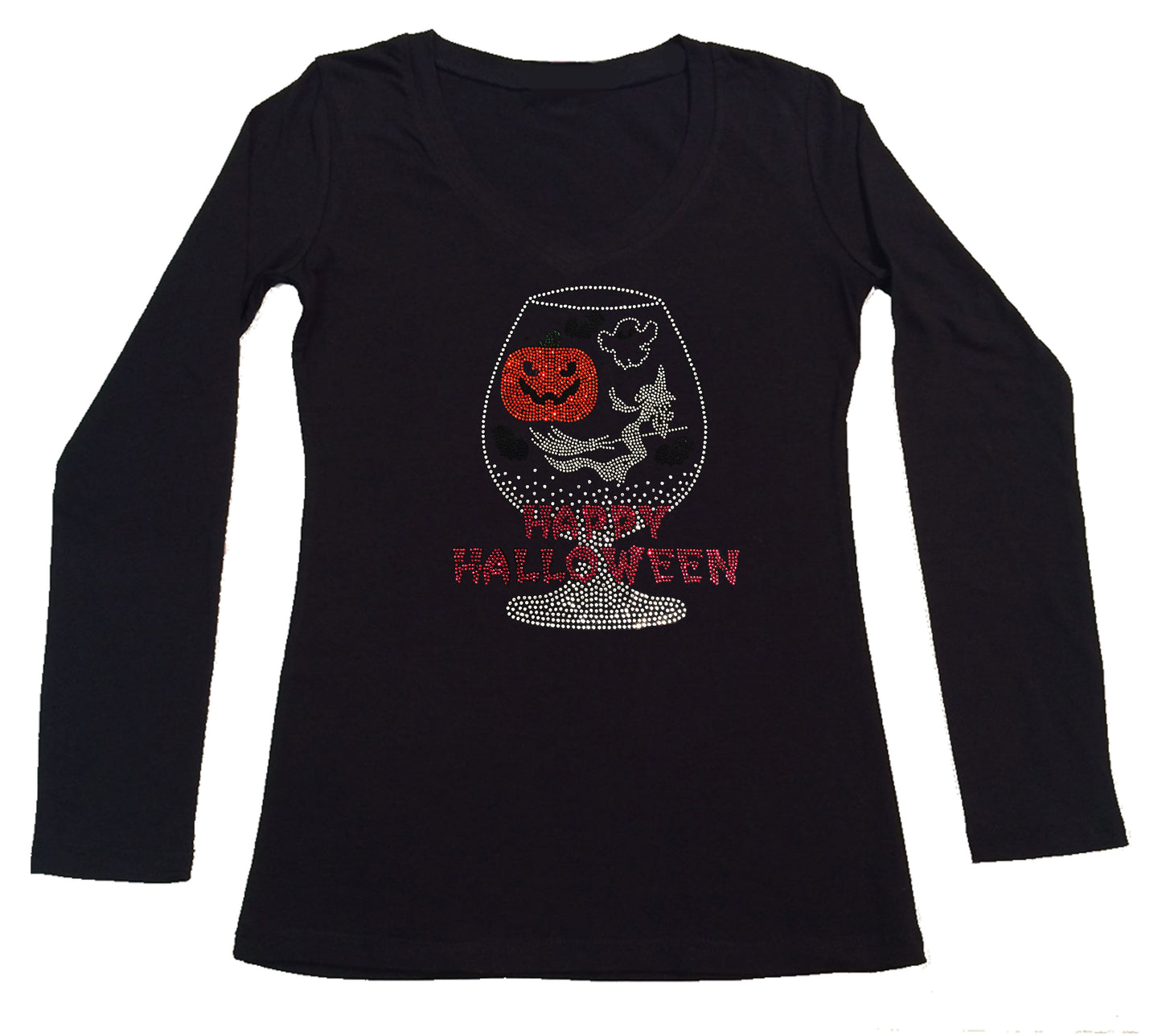 Womens T-shirt with Happy Halloween Cup with Pumpkin , Witch in Rhinestones