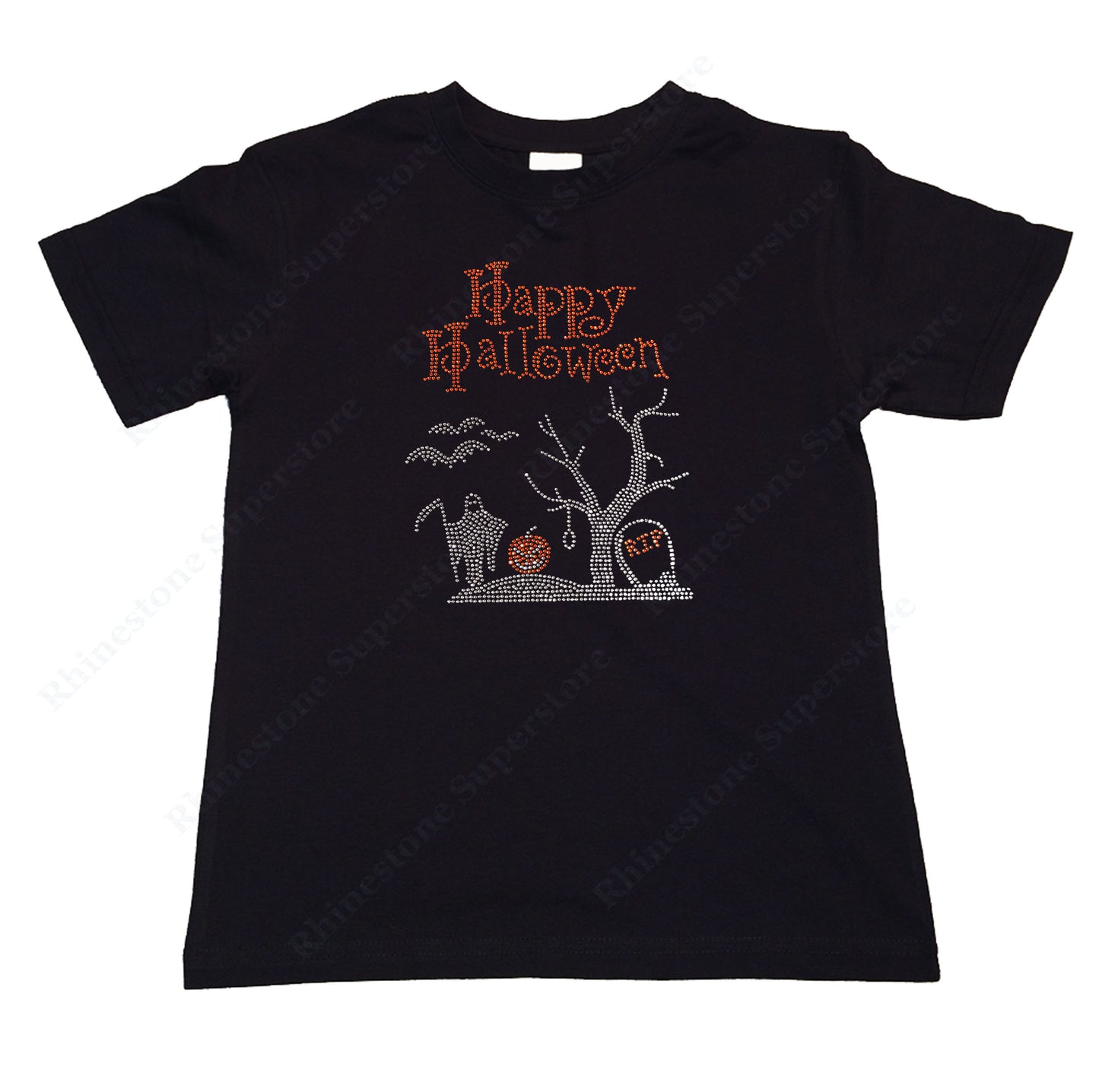 Girls Rhinestone T-Shirt " Happy Halloween Graveyard Scene " Kids Size 3 to 14 Available