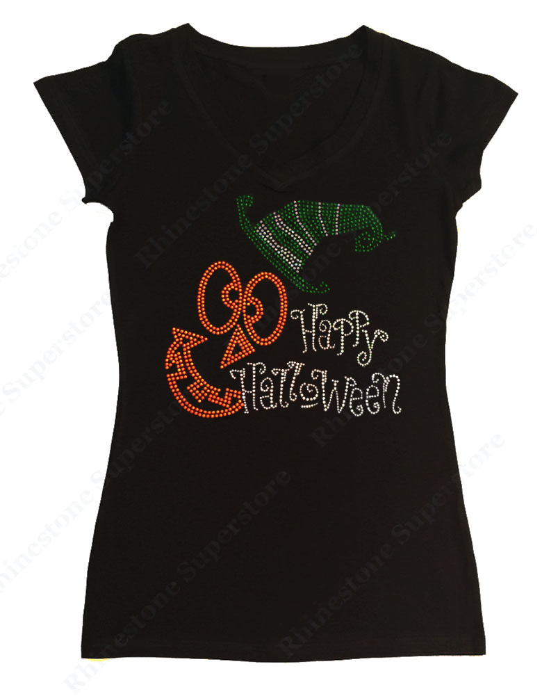 Womens T-shirt with Happy Halloween with Jack O' Lantern Face in Rhinestones