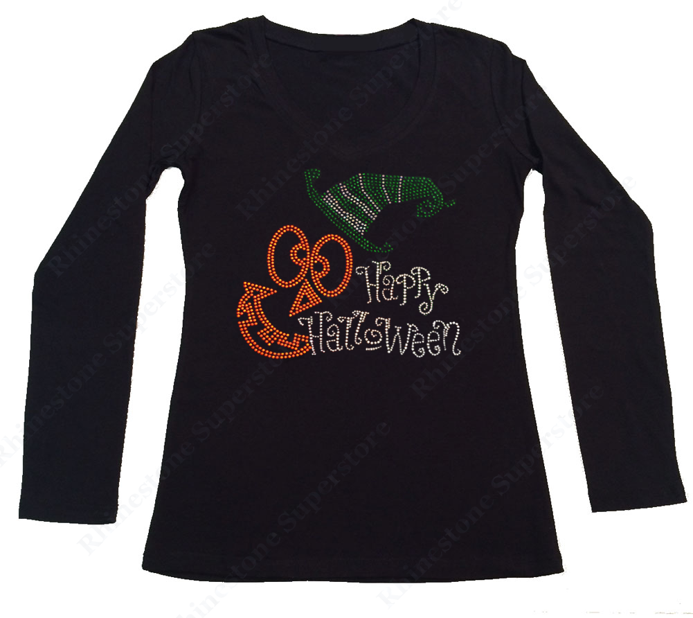 Womens T-shirt with Happy Halloween with Jack O' Lantern Face in Rhinestones