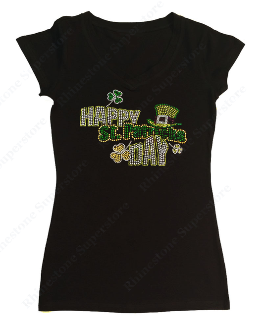 Womens T-shirt with Happy St. Patrick's Day in Rhinestones