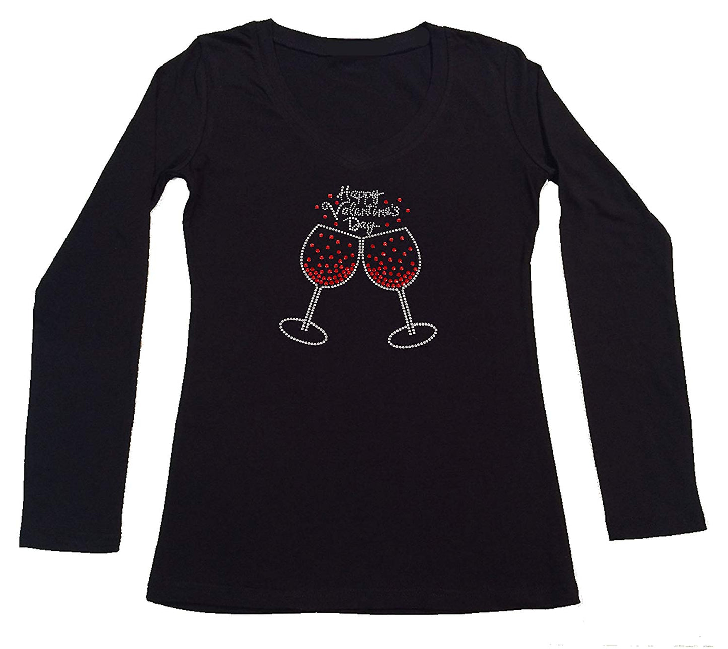 Womens T-shirt with Happy Valentine's Day Wine Cups in Spangles