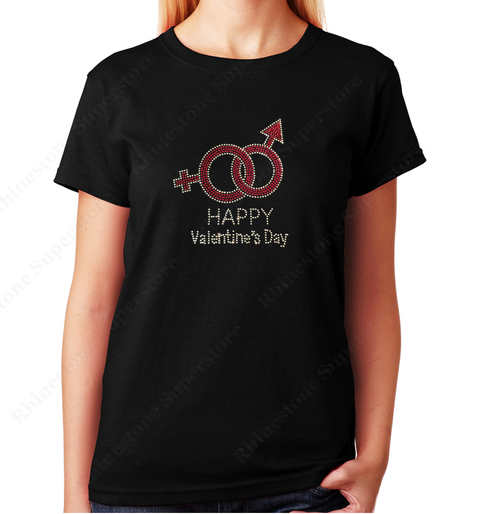 Women's / Unisex T-Shirt with Happy Valentine's Day Symbols in Rhinestones