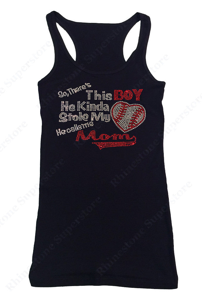 Womens T-shirt with So, There's This Boy He Kinda Stole my Baseball Heart He Calls Me Mom in Rhinestones