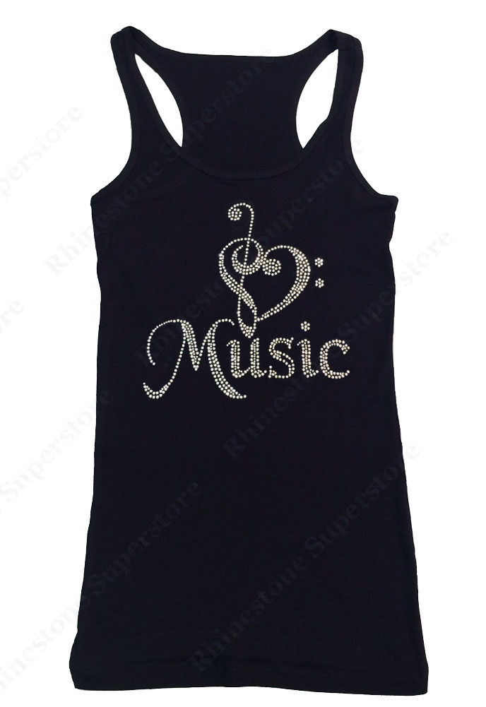 Womens T-shirt with Heart Music Note in Rhinestones