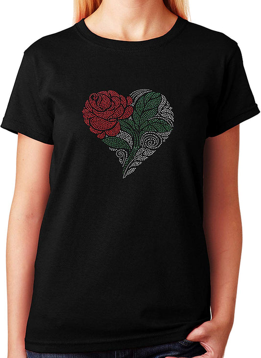 Women's / Unisex T-Shirt with Heart With Rose and Green Leaf In Rhinestones