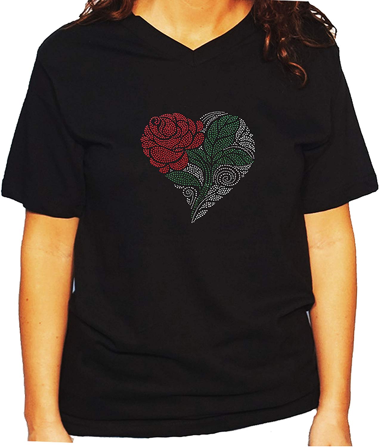 Women's / Unisex T-Shirt with Heart With Rose and Green Leaf In Rhinestones