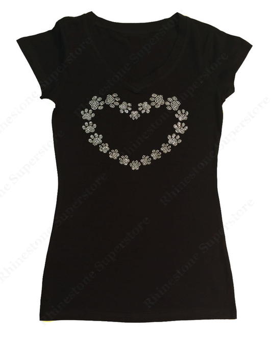 Womens T-shirt with Heart Made with Paws in Rhinestones