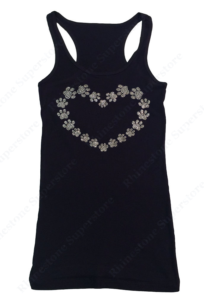 Womens T-shirt with Heart Made with Paws in Rhinestones