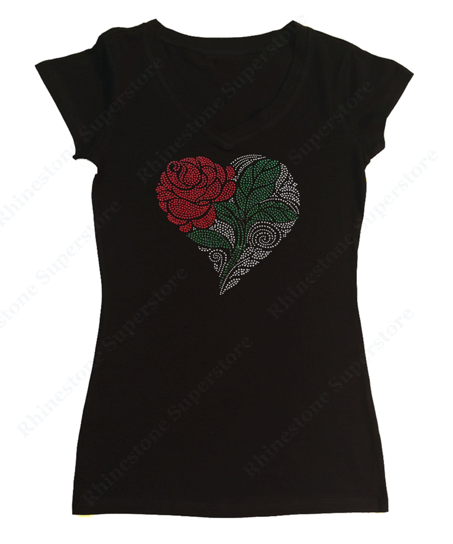 Womens T-shirt with Heart with Rose and Green Leaf in Rhinestones
