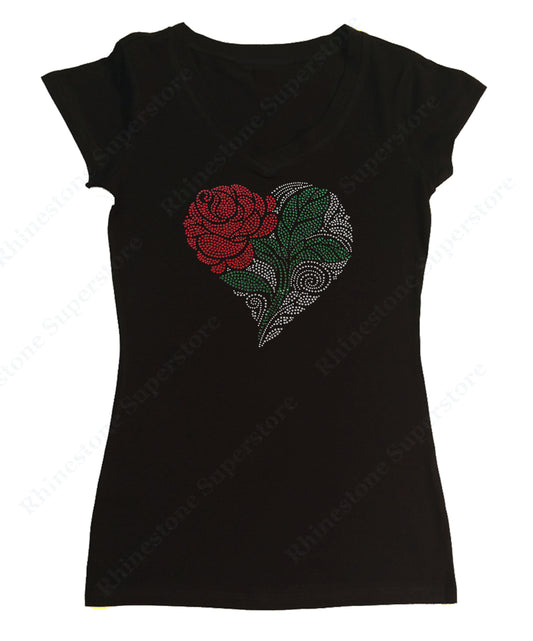 Womens T-shirt with Heart with Rose and Green Leaf in Rhinestones
