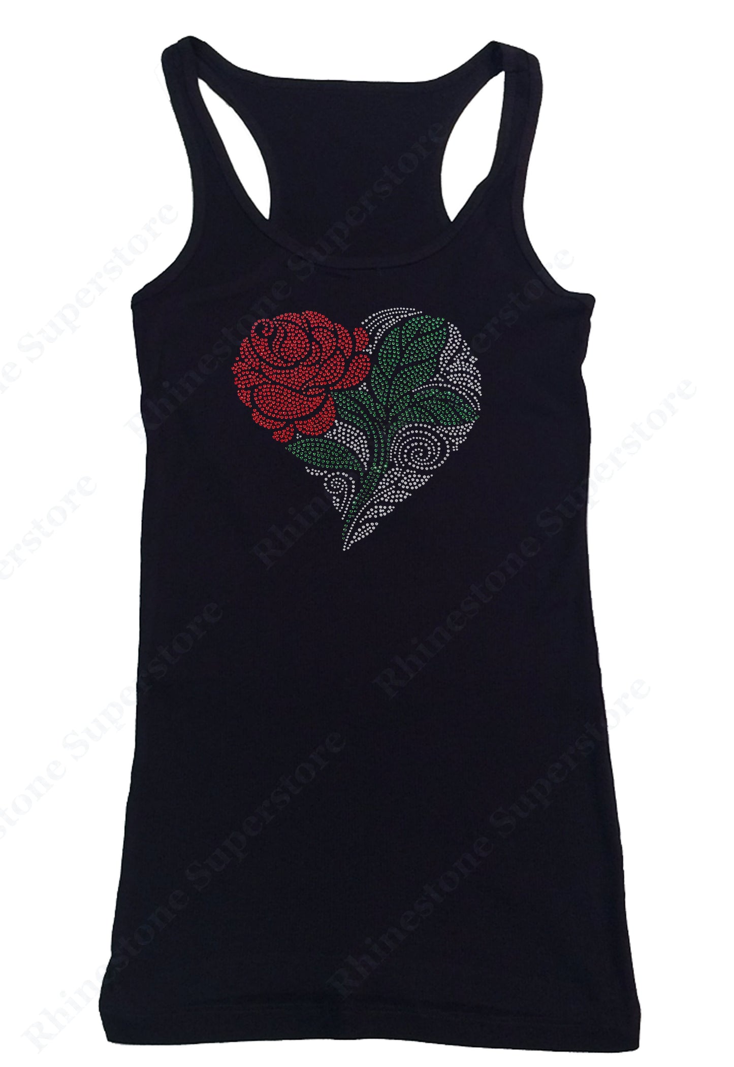 Womens T-shirt with Heart with Rose and Green Leaf in Rhinestones