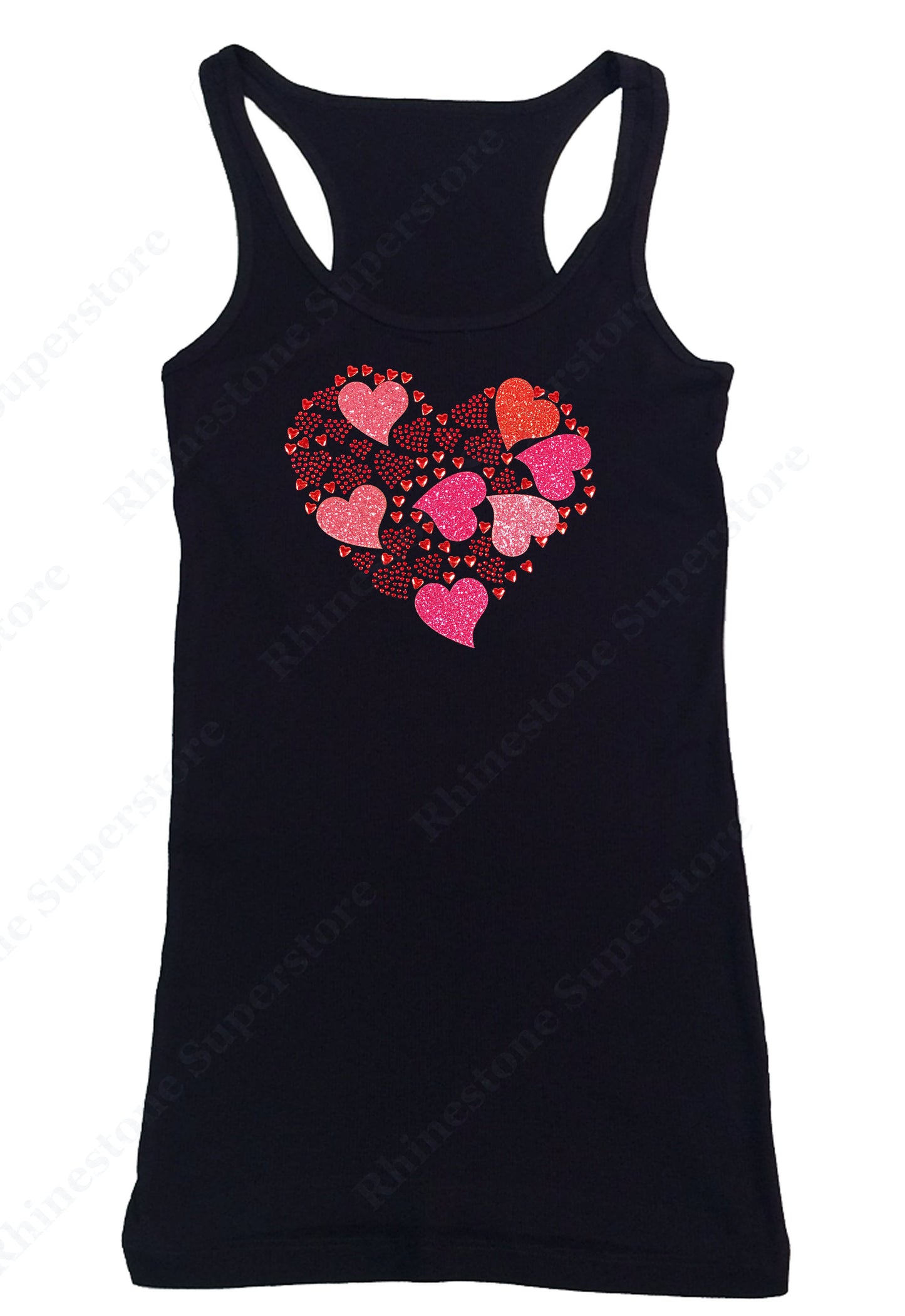 Womens T-shirt with Hearts Collage in Rhinestones and Glitters