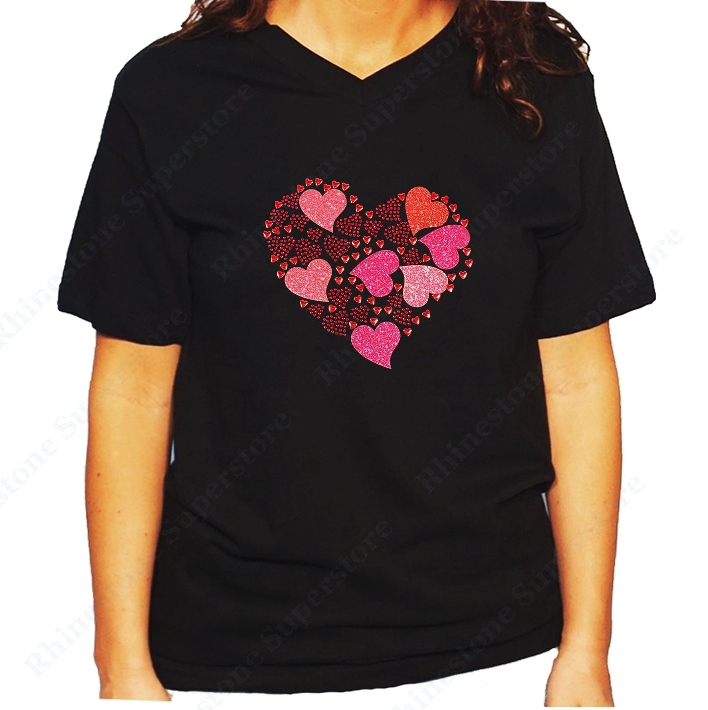 Women's / Unisex T-Shirt with Hearts Collage in Rhinestones and Glitters